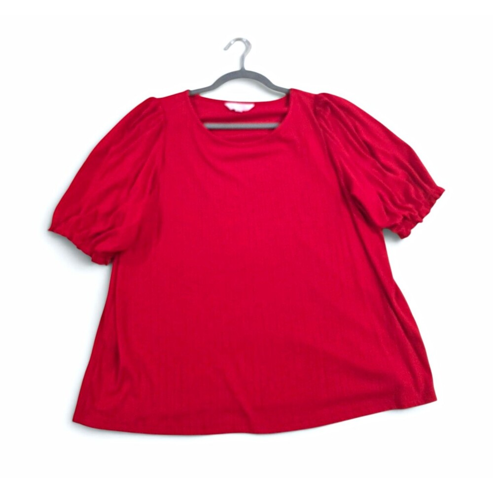 LC Lauren Conrad Red Ribbed Knit Puff Sleeve Ruffle Blouse Top Women's XL